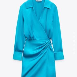 ZARA blue satin effect wrap blazer dress